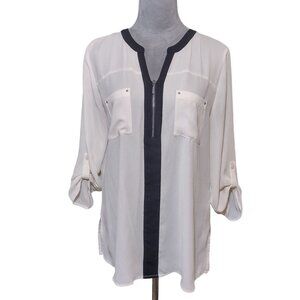 Maurices Top Cream Black 3/4 Sleeve Zip Career Casual Chiffon Blouse Large